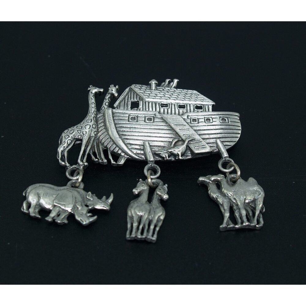 Noah's Ark Pewter Brooch,  Signed JJ, Six Pairs of Animals, 2 1/2 Inches